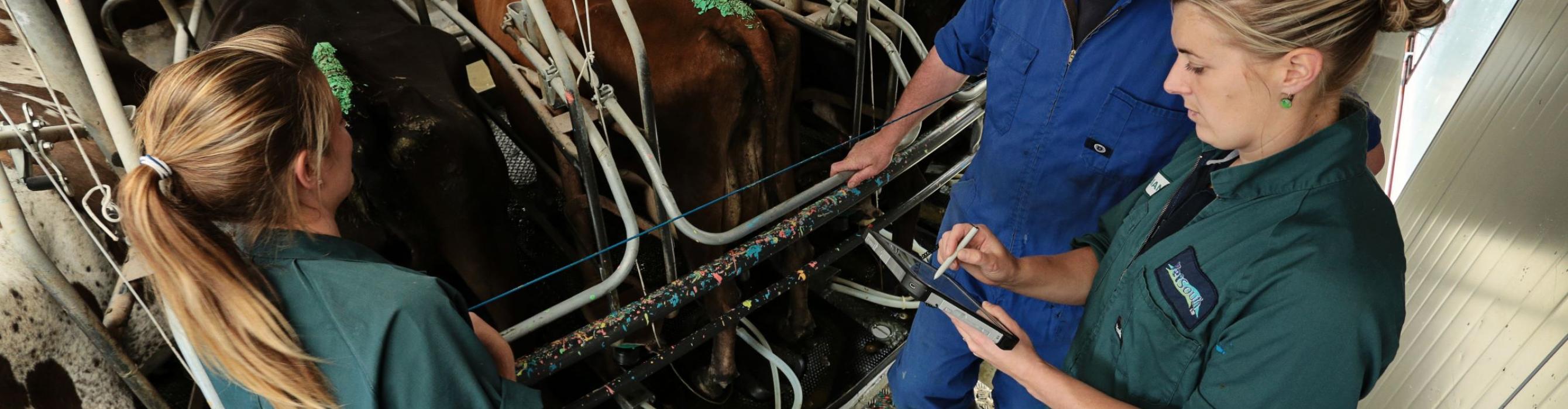 Dairy Vets and Cows in New Zealand milking parlour